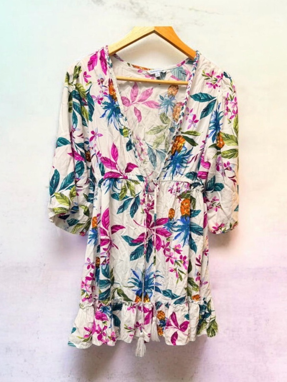 blue Island Deep V-Neck Swim Cover Up Dress w Tropical Floral Pineapple Print